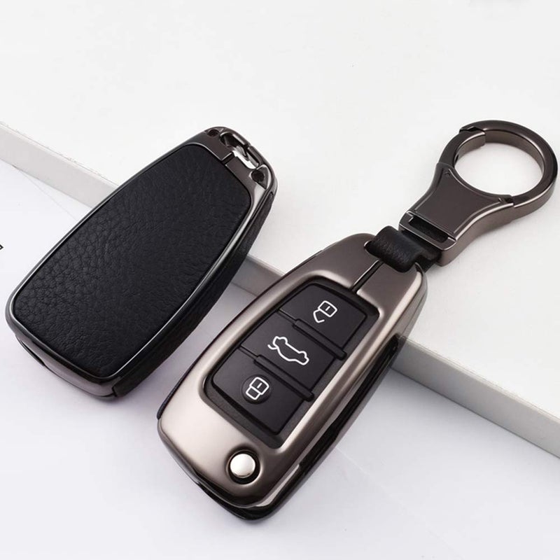 SANRILY 1Pcs Flip Key Fob Cover for Audi A1 A3 A6 Q3 Q5 TT S3 Keyless Entry Key Holder Metal Leather Key Protection Case Shell with Keychain Black