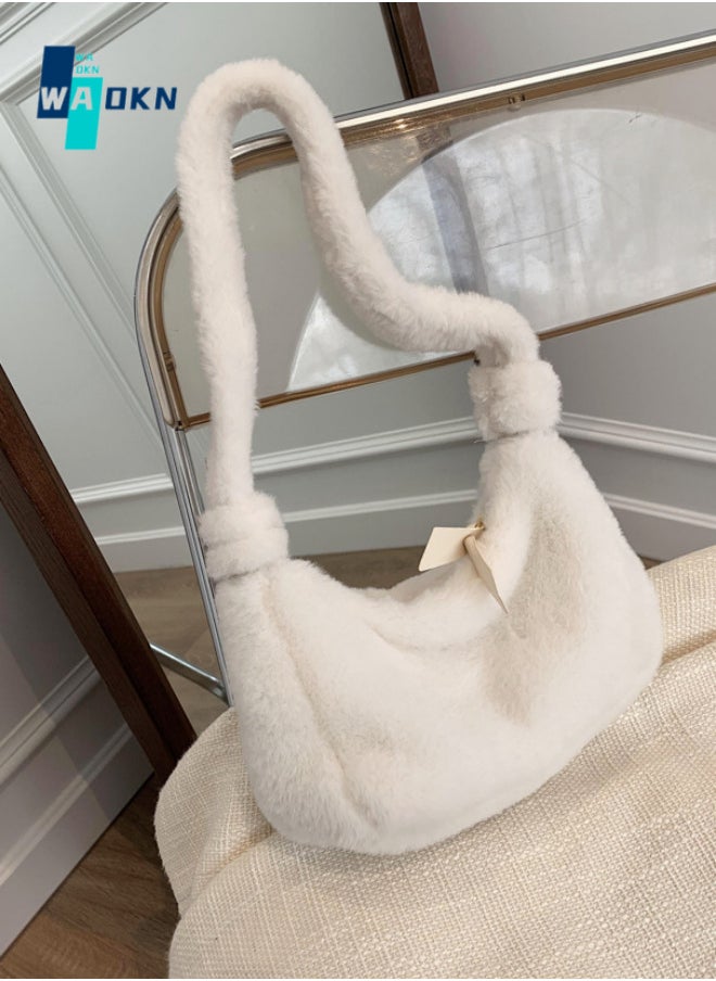WAOKN - Women's Simple Design Soft Plush Shoulder Bag, Ladies Fashion Armpit Bag Handbag, Elegant Solid Color Carrying Bag Wrist Bag Small Bag（White） - Image 1