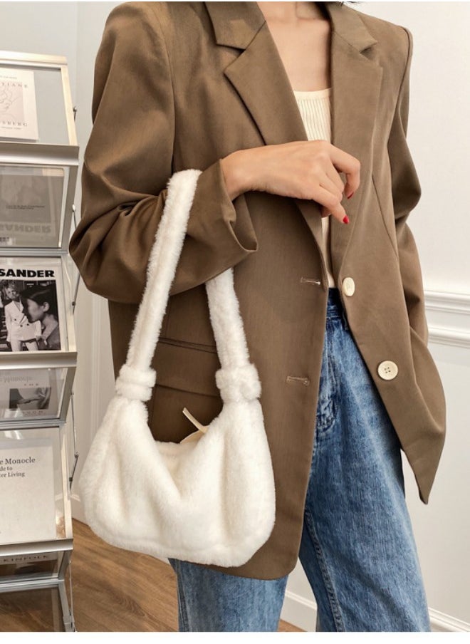 WAOKN - Women's Simple Design Soft Plush Shoulder Bag, Ladies Fashion Armpit Bag Handbag, Elegant Solid Color Carrying Bag Wrist Bag Small Bag（White） - Image 1