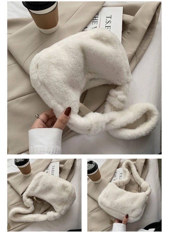 WAOKN - Women's Simple Design Soft Plush Shoulder Bag, Ladies Fashion Armpit Bag Handbag, Elegant Solid Color Carrying Bag Wrist Bag Small Bag（White） - Image 1