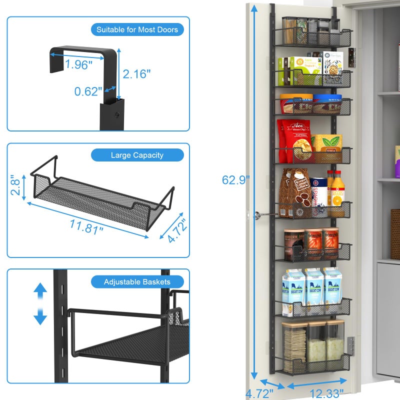 VyGrow 12.3" W Narrow Over the Door Pantry Organizer, 8-Tier Over the Door Organizer with Adjustable Basket, Pantry Door Organization for Pantry Kitchen Storage Room Spice Rack, Black - Image 3