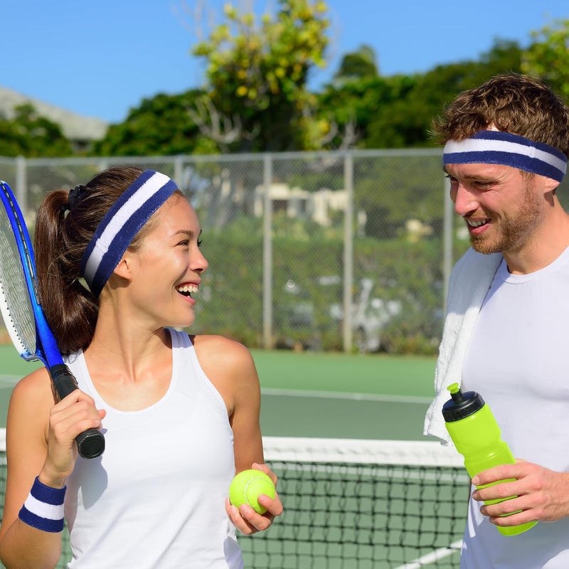 Bememo 6 Pcs Neon Sweatbands Set for Men Women 80s Tennis Striped Headband Sports Wristband Set Costumes Glow Cosplay Party - Image 5