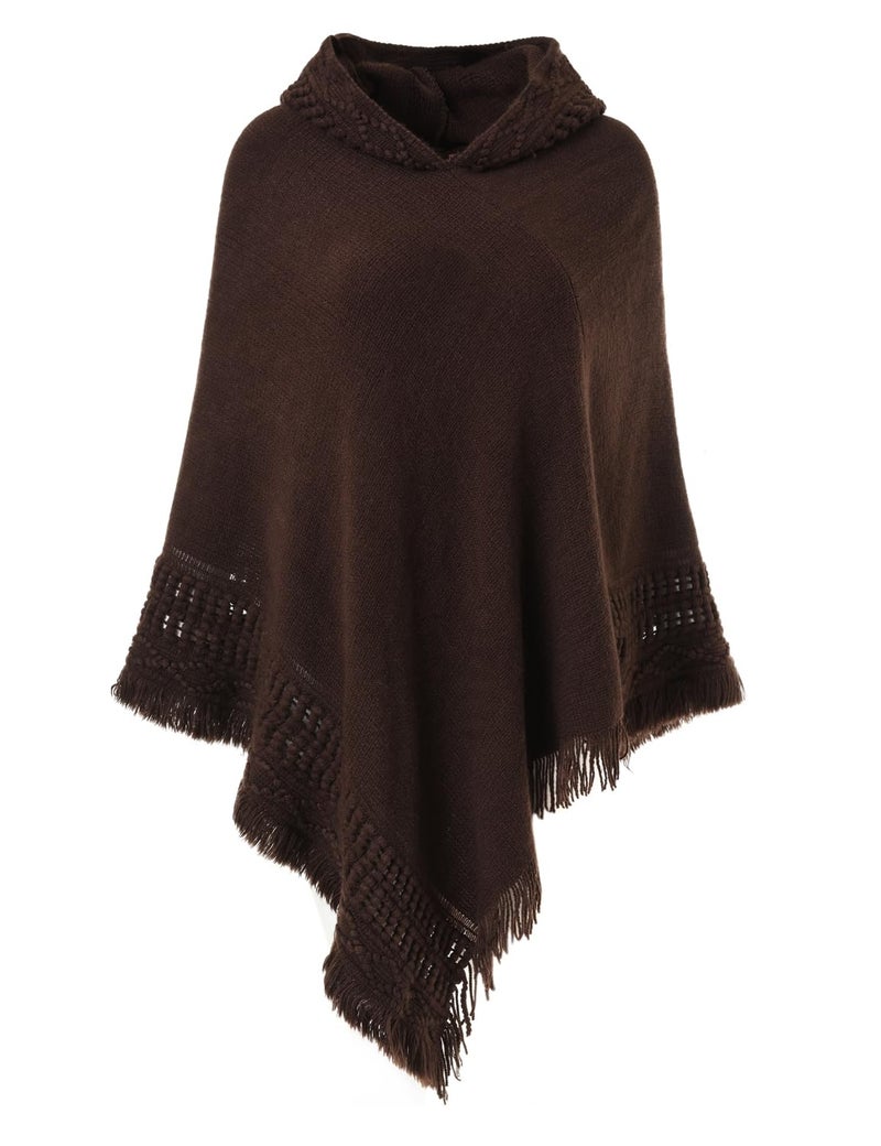 Ferand Ladies Hooded Cape with Fringed Hem Crochet Poncho Knitting Patterns for Women Brown