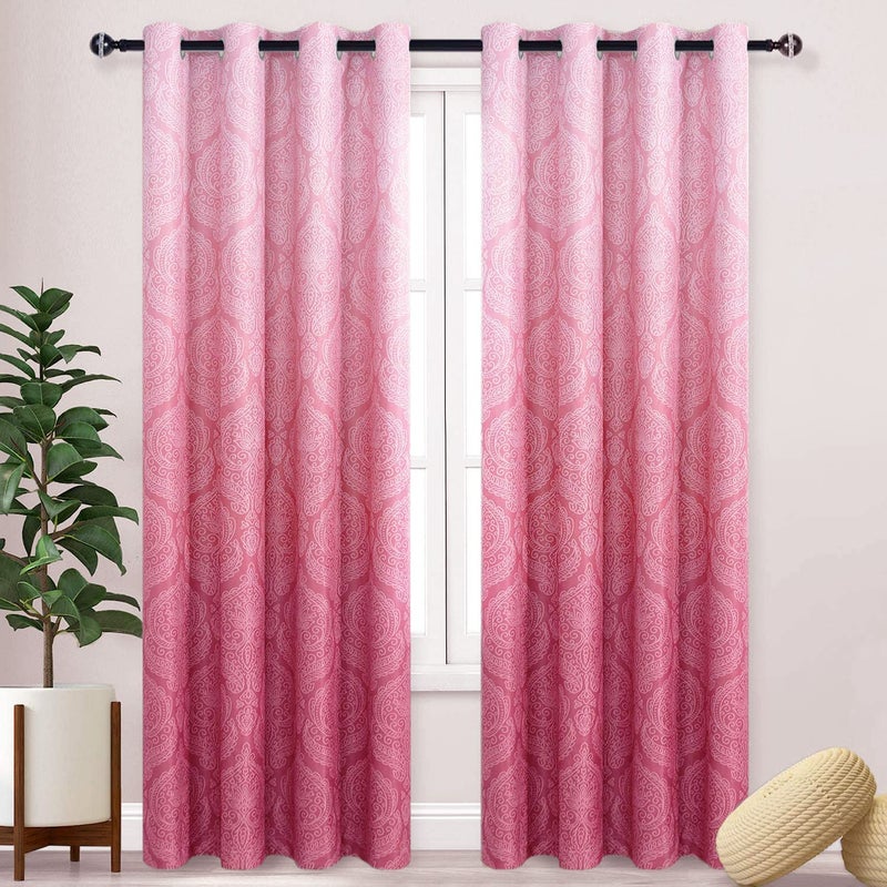 DWCN Ombre Blackout Curtains for Bedroom  Damask Patterned Thermal Insulated Energy Saving Grommet Curtains for Living Room Set of 2 Gradient Window Curtain Panels 52 x 96 Inches Long Pink