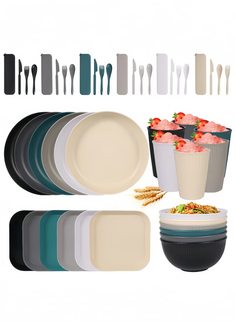 nihao طقم عشاء مكون من 48 قطعة، أطباق دائرية 9 إنش، أطباق مربعة 5.5 إنش، أكواب 3.15 إنش، أدوات مائدة، طقم أدوات مائدة، خدمة لـ 6، أطباق عشاء، طبق حلوى، أطباق حبوب، أكواب، أطباق بلاستيكية ملونة غير قابلة للكسر للتخييم في الهواء الطلق، متعددة الألوان الساحلية - Image 2