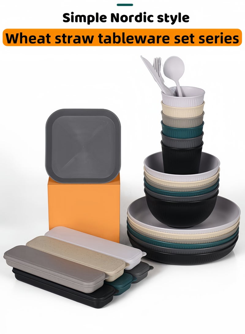 nihao طقم عشاء مكون من 48 قطعة، أطباق دائرية 9 إنش، أطباق مربعة 5.5 إنش، أكواب 3.15 إنش، أدوات مائدة، طقم أدوات مائدة، خدمة لـ 6، أطباق عشاء، طبق حلوى، أطباق حبوب، أكواب، أطباق بلاستيكية ملونة غير قابلة للكسر للتخييم في الهواء الطلق، متعددة الألوان الساحلية - Image 4