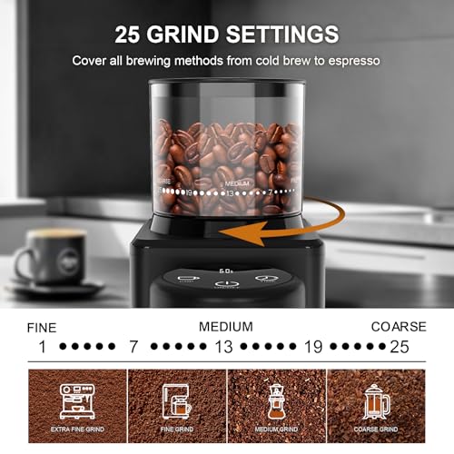 KIRAINAFLY Conical Burr Coffee Grinder, Electric Coffee Bean Grinder with 25 Precise Grind Settings for Espresso/Drip/French Press, Smart Touch Control, Anti-static, Black - Image 3