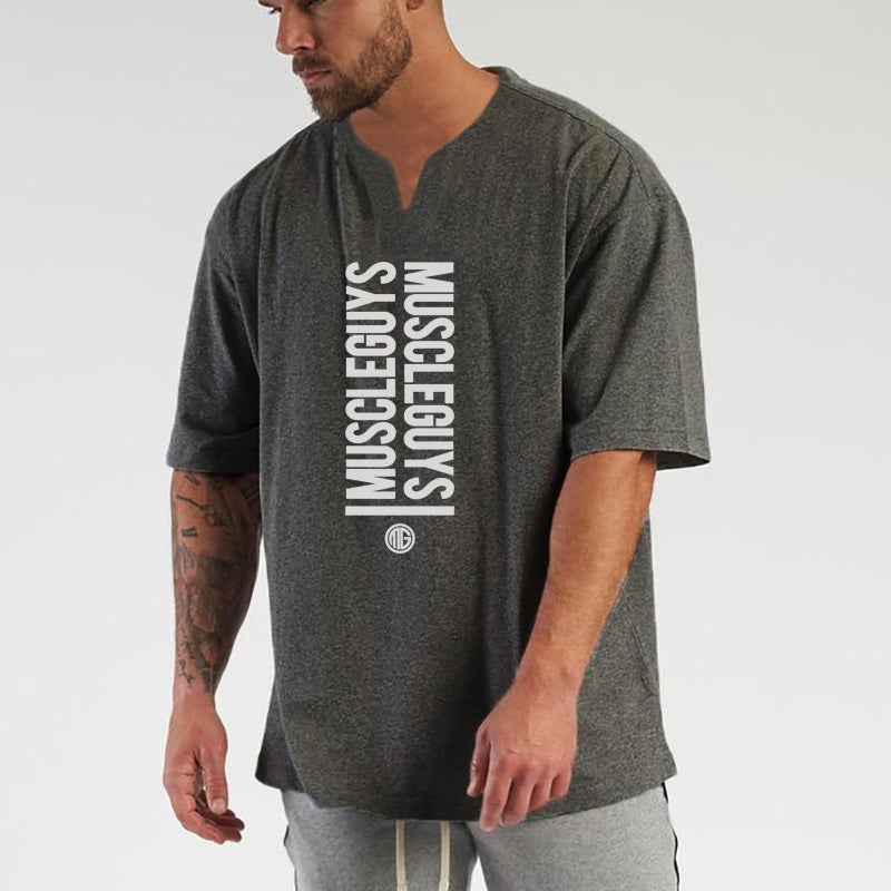 Loose short-sleeved Men''s Fitness plus size off-shoulder T-shirt Korean V-neck casual training clothes cross-border foreign trade - Image 2