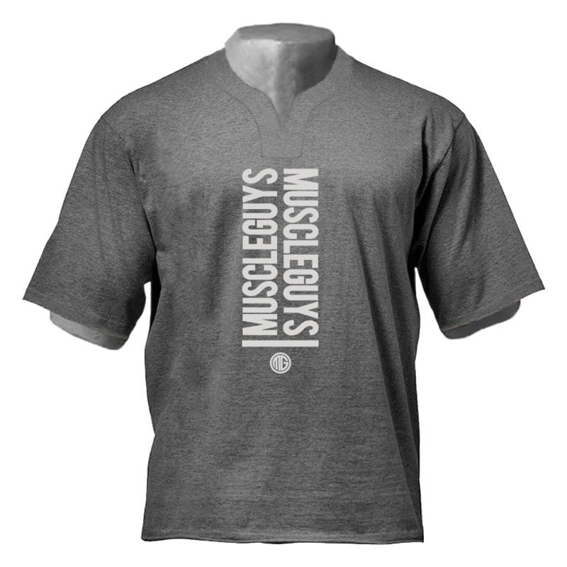 Loose short-sleeved Men''s Fitness plus size off-shoulder T-shirt Korean V-neck casual training clothes cross-border foreign trade - Image 1