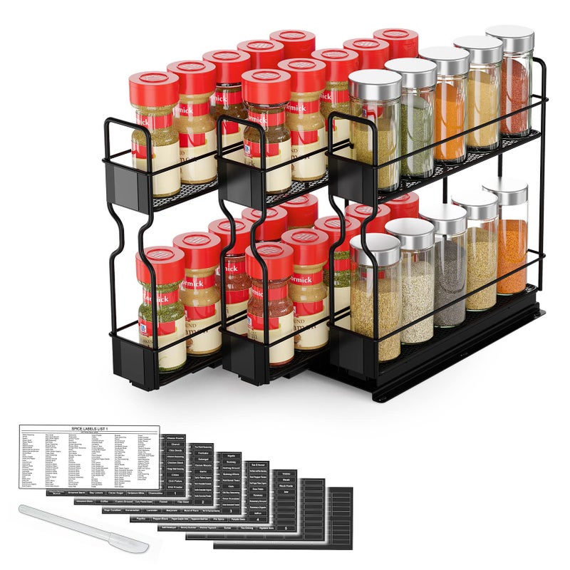 SpaceAid Pull Out Spice Rack Organizer Heavy Duty Slide Out Seasoning Kitchen Organizer Cabinet Organizer with Labels 77 W x1075 D x10 H 3 Drawers 2Tier