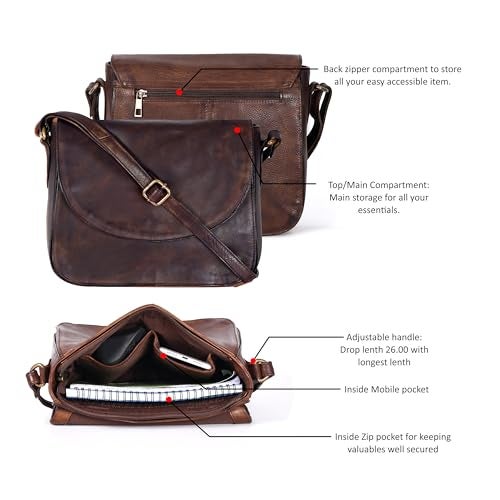 Ozora Handcrafted Genuine Leather Vintage Shoulder Crossbody Bag with YKK Zippers, Snap Button Closure and Mobile Holder - Image 4