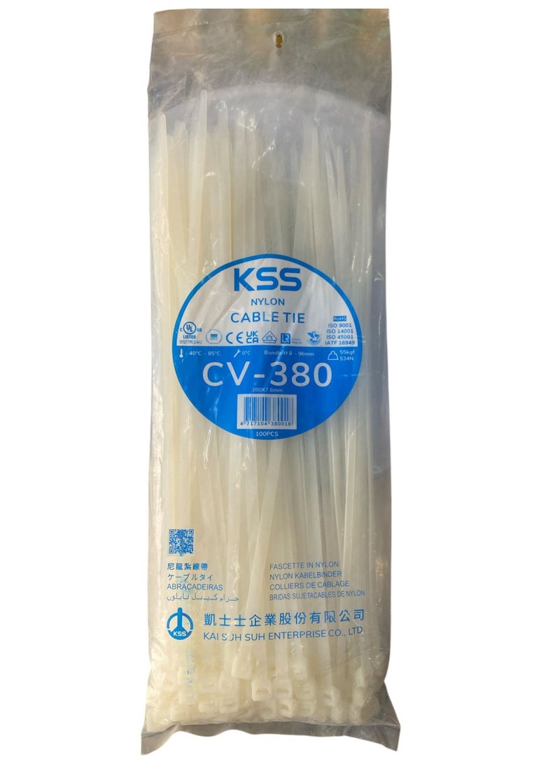 KSS Nylon Cable Tie White CV-380 (380×7.6mm) – Heavy Duty – Pack of 100 - Image 1