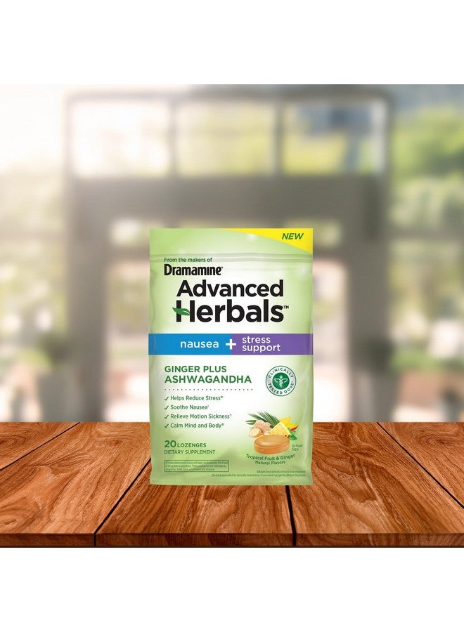 Dramamine From the Makers of Dramamine, Advanced Herbals, Nausea and Stress Support with Ginger and Ashwagandha, Tropical Fruit and Ginger Flavored Lozenges, 20 Ct - Image 2