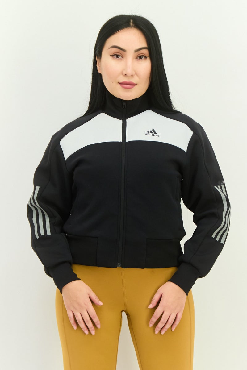 Adidas جاكيت خارجي طويل الأكمام للنساء، رياضي، أسود/أبيض - Image 1