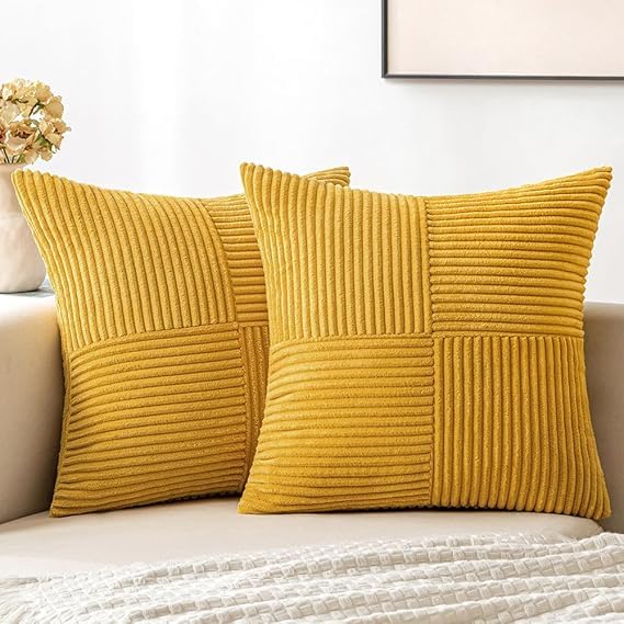 Guffaw Corduroy Pillow Covers Boho Decorative Spliced Throw Pillow Covers Soft Solid Couch Pillowcases Cross Patchwork Cushion Covers for Living Room Bed Sofa 16x16 inch (2, Mustard Yellow) - Image 4