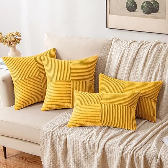 Guffaw Corduroy Pillow Covers Boho Decorative Spliced Throw Pillow Covers Soft Solid Couch Pillowcases Cross Patchwork Cushion Covers for Living Room Bed Sofa 16x16 inch (2, Mustard Yellow) - Image 5