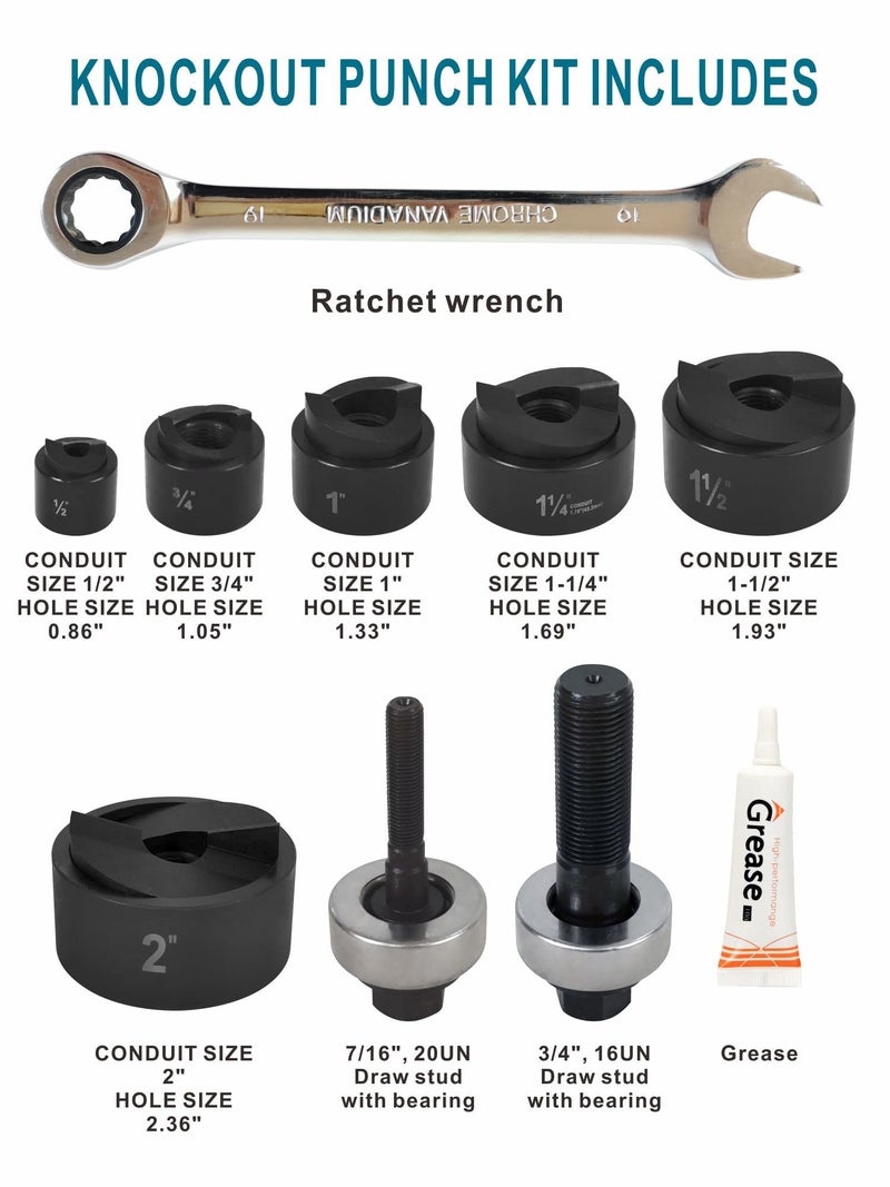 AMZCNC Manual Knockout Hole Punch Driver Kit 1/2 to 2 inch Electrical Conduit Hole Cutter Set KO Tool Kit ((Conduit Hole Size) 1/2"~2" Knockout Punch kit) - Image 3