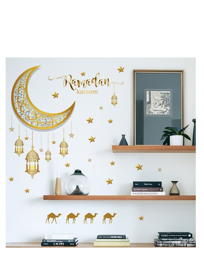 Ramadan Kareem Wall Stickers Decorations Eid Mubarak Lantern Decals Moon Star Window Clings For Home Living Room Bedroom (Gold) - Image 1