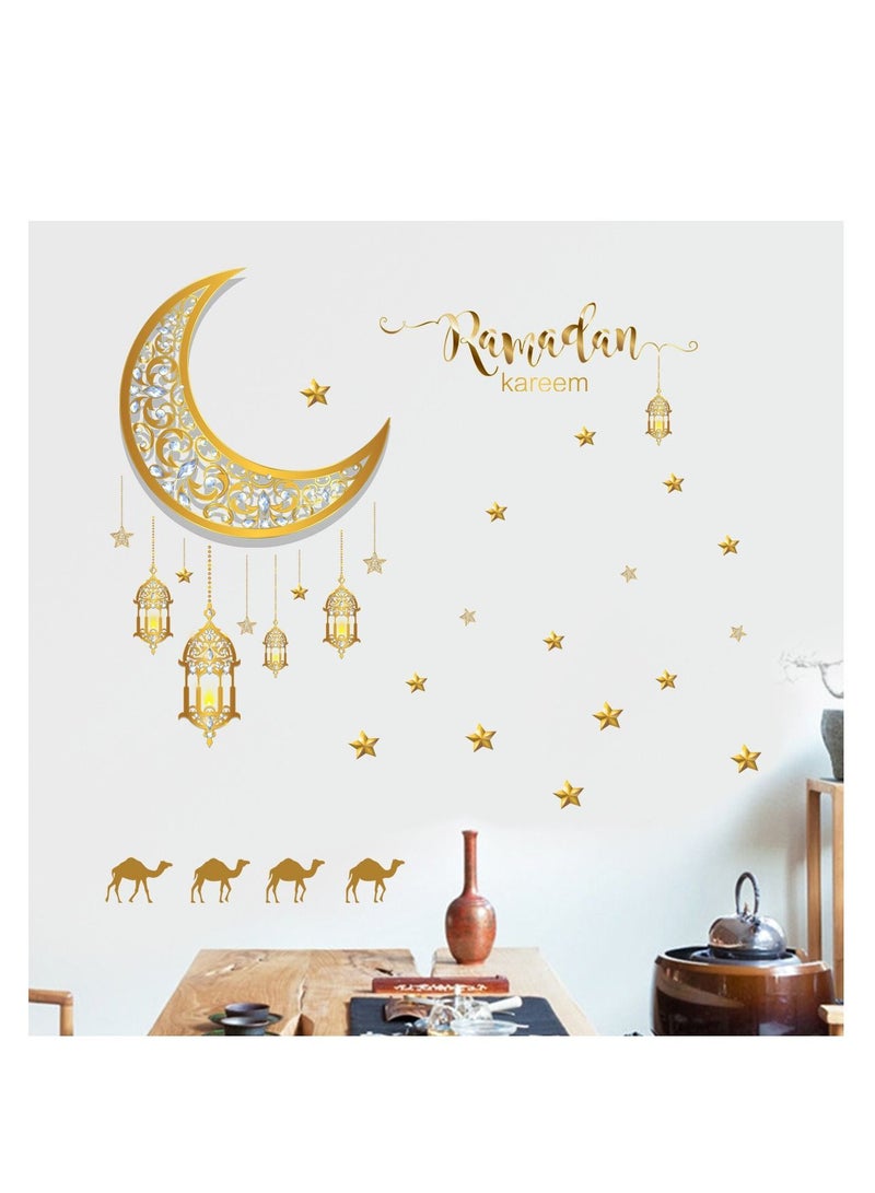 Ramadan Kareem Wall Stickers Decorations Eid Mubarak Lantern Decals Moon Star Window Clings For Home Living Room Bedroom (Gold) - Image 2