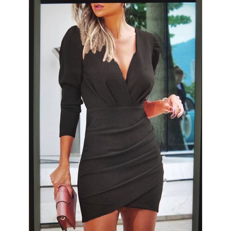 2020 European and American cross-border popular models waist and thin solid color V-neck long-sleeved tight skirt ethnic style nightclub dress women Pink XXL - Image 4