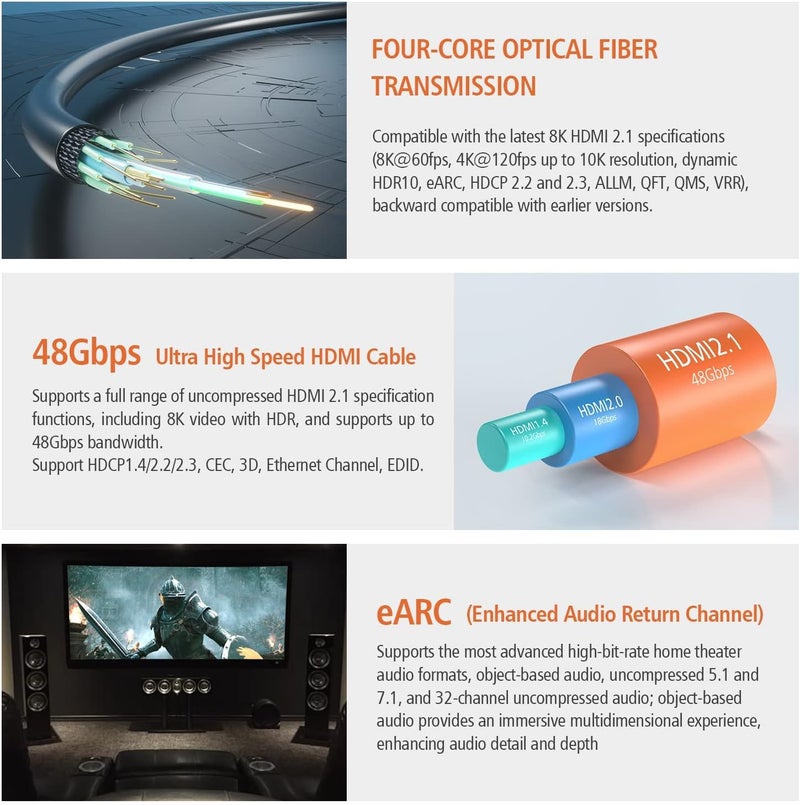 RUIPRO 8K HDMI Ultra High Speed Latest 2.1b Certified Fiber Optic Cable CL2 Rated 50 Feet 8K60Hz 4K120Hz 48Gbps eARC HDR HDCP2.3 for RTX4080/4090/3080/3090 Xbox PS5 AVR Projector LG/Samsung/Sony - Image 3