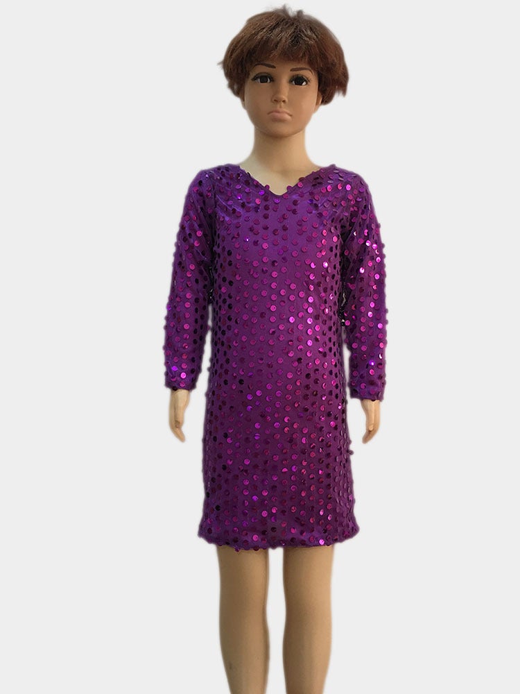Sequin Dress Long Sleeve Dancing Dress Girl Baby Group Singing Long Dress Stretch Shiny Princess Dress - Image 3