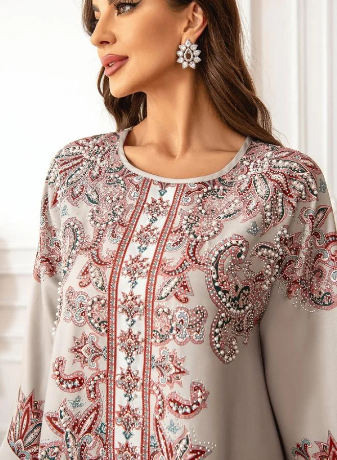 Take Two Take Two Floral Print Embellished Faux Pearl Detail Jalabiya