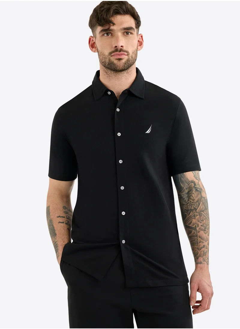 نوتيكا Men's Black Short Sleeve Button-Up Shirt – Cotton and Elastane Classic Breathable Wear All-Day Fit