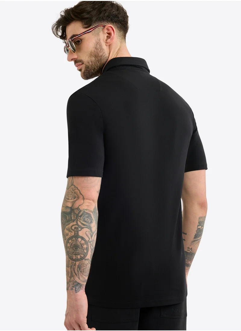 نوتيكا Men's Black Short Sleeve Button-Up Shirt – Cotton and Elastane Classic Breathable Wear All-Day Fit