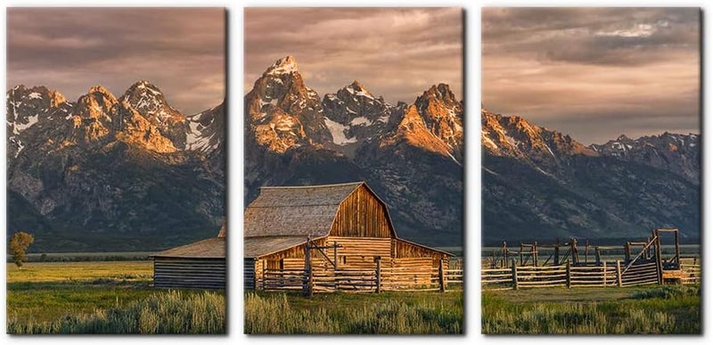 Pacimo Country Paintings for Wall Grand Canyon Picture Art Nature Landscape Artwork 3 Pieces Log Cabin Modern Wall Art Giclee Home Decorations for Living Room Framed Ready to Hang - 16"x24"x3 Panels - Image 1