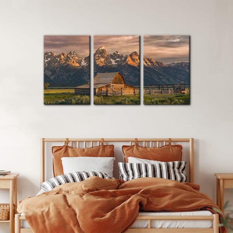 Pacimo Country Paintings for Wall Grand Canyon Picture Art Nature Landscape Artwork 3 Pieces Log Cabin Modern Wall Art Giclee Home Decorations for Living Room Framed Ready to Hang - 16"x24"x3 Panels - Image 4