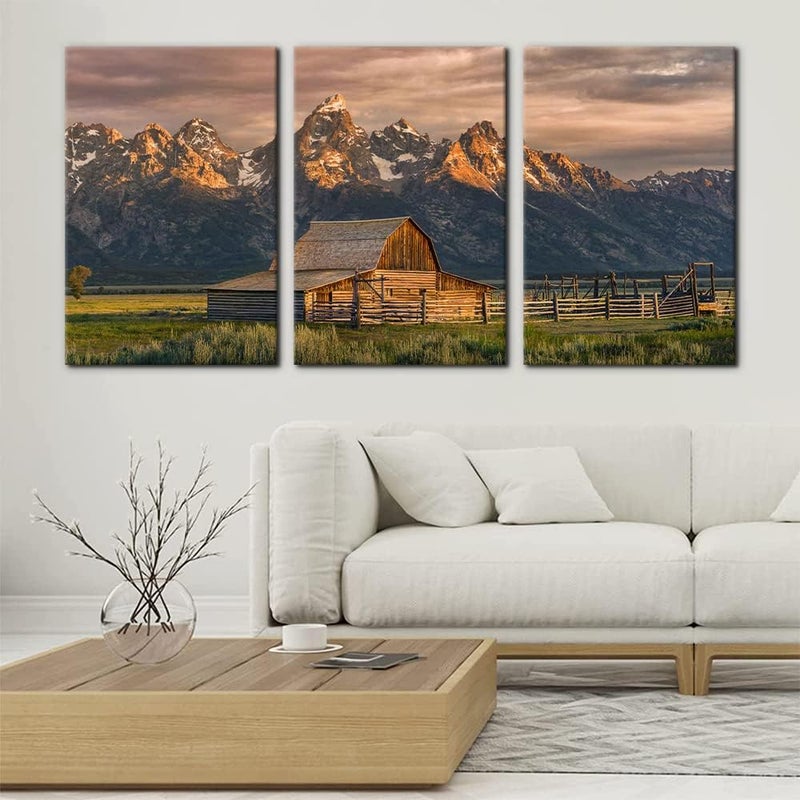 Pacimo Country Paintings for Wall Grand Canyon Picture Art Nature Landscape Artwork 3 Pieces Log Cabin Modern Wall Art Giclee Home Decorations for Living Room Framed Ready to Hang - 16"x24"x3 Panels - Image 2