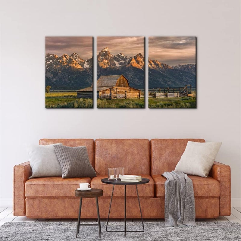 Pacimo Country Paintings for Wall Grand Canyon Picture Art Nature Landscape Artwork 3 Pieces Log Cabin Modern Wall Art Giclee Home Decorations for Living Room Framed Ready to Hang - 16"x24"x3 Panels - Image 3