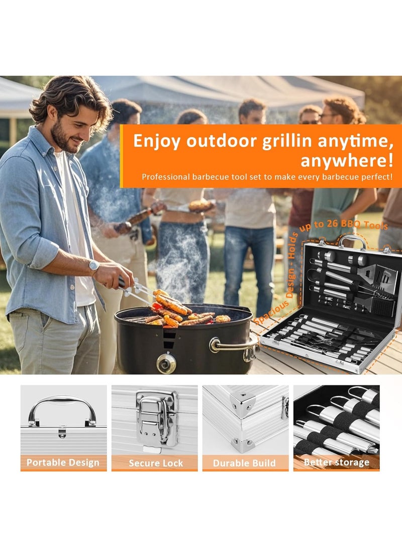 BLOOMING TIME 26-Piece Heavy Duty Stainless Steel BBQ Grill Tool Set with Aluminum Case – Complete Outdoor Barbecue Accessories Kit with Tongs, Spatula, Fork, Basting & Cleaning Brushes, Skewers & Corkscrew – Perfect Gift for Men & Grill Lovers - Image 5