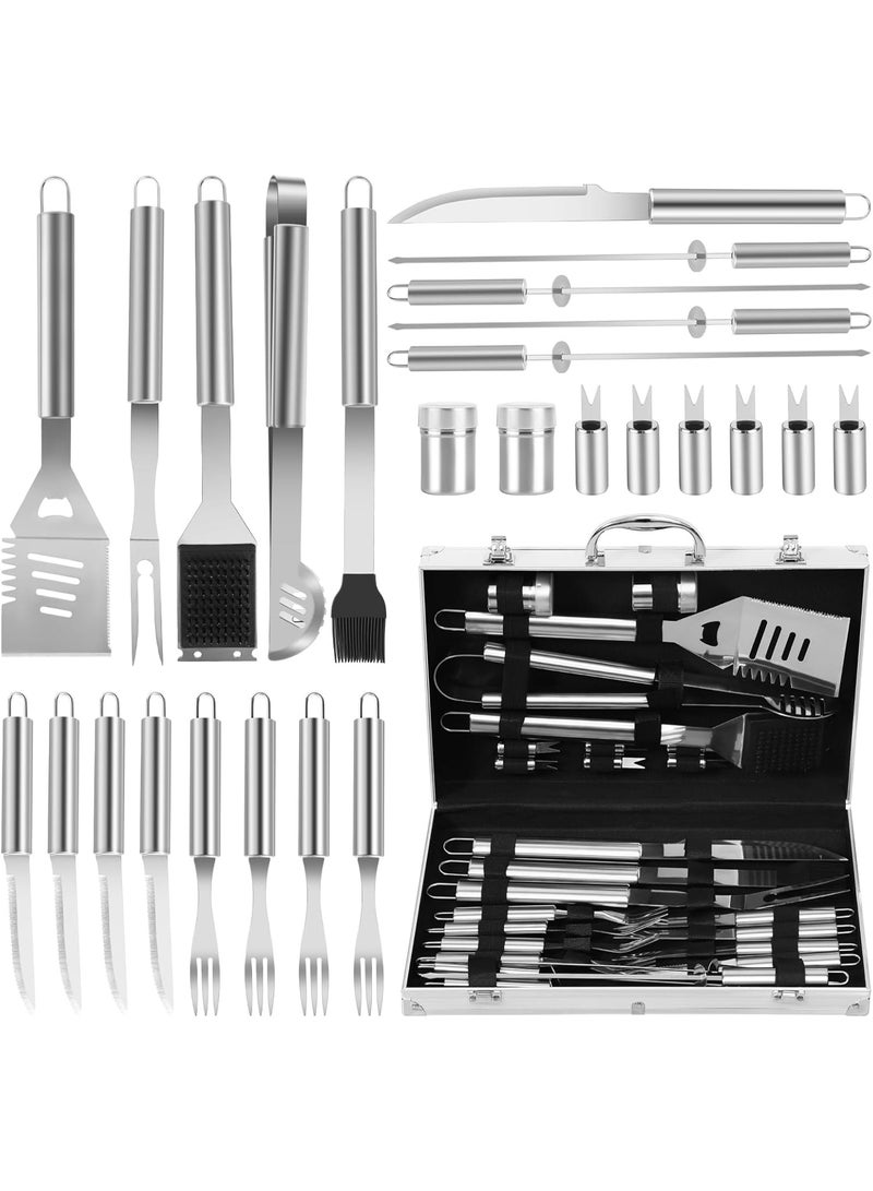 BLOOMING TIME 26-Piece Heavy Duty Stainless Steel BBQ Grill Tool Set with Aluminum Case – Complete Outdoor Barbecue Accessories Kit with Tongs, Spatula, Fork, Basting & Cleaning Brushes, Skewers & Corkscrew – Perfect Gift for Men & Grill Lovers - Image 1
