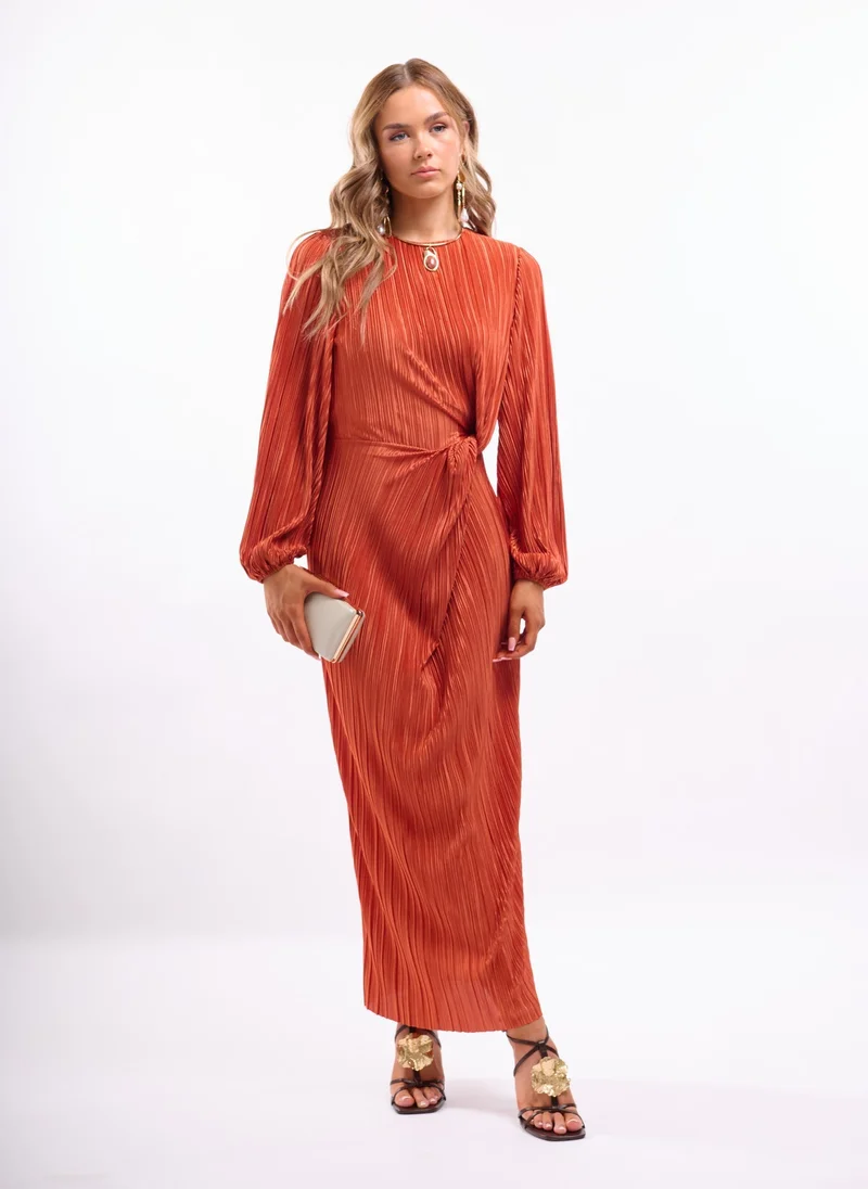 Faia TWIST WAIST MIDI PLISSE DRESS IN RUST