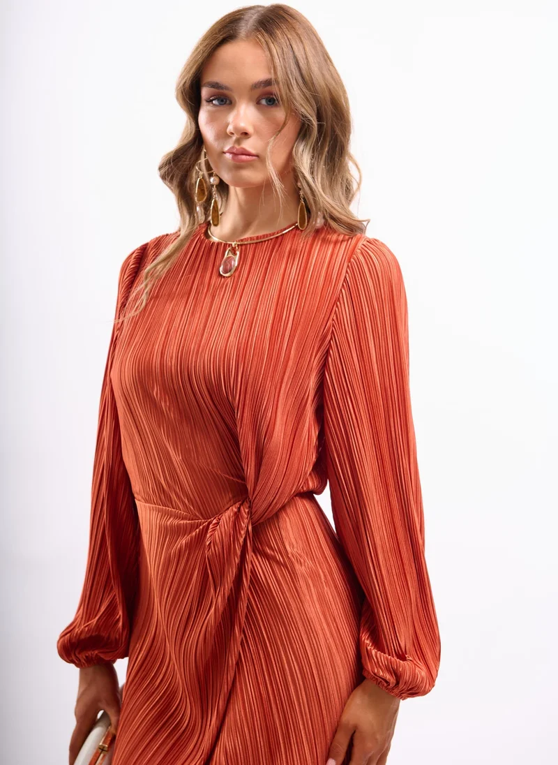 Faia TWIST WAIST MIDI PLISSE DRESS IN RUST