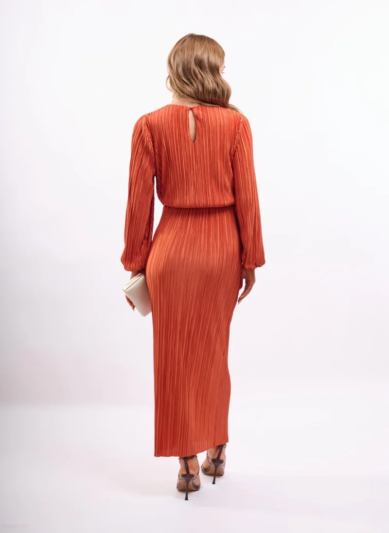 Faia burnt orange Rust Midi Dress with Twist in Plisse for Women | Best Price UAE