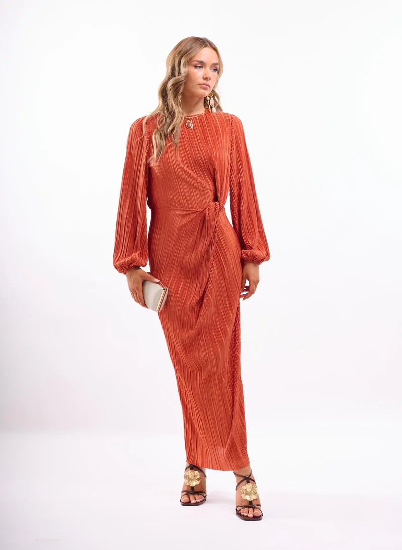 Faia burnt orange Rust Midi Dress with Twist in Plisse for Women | Best Price UAE