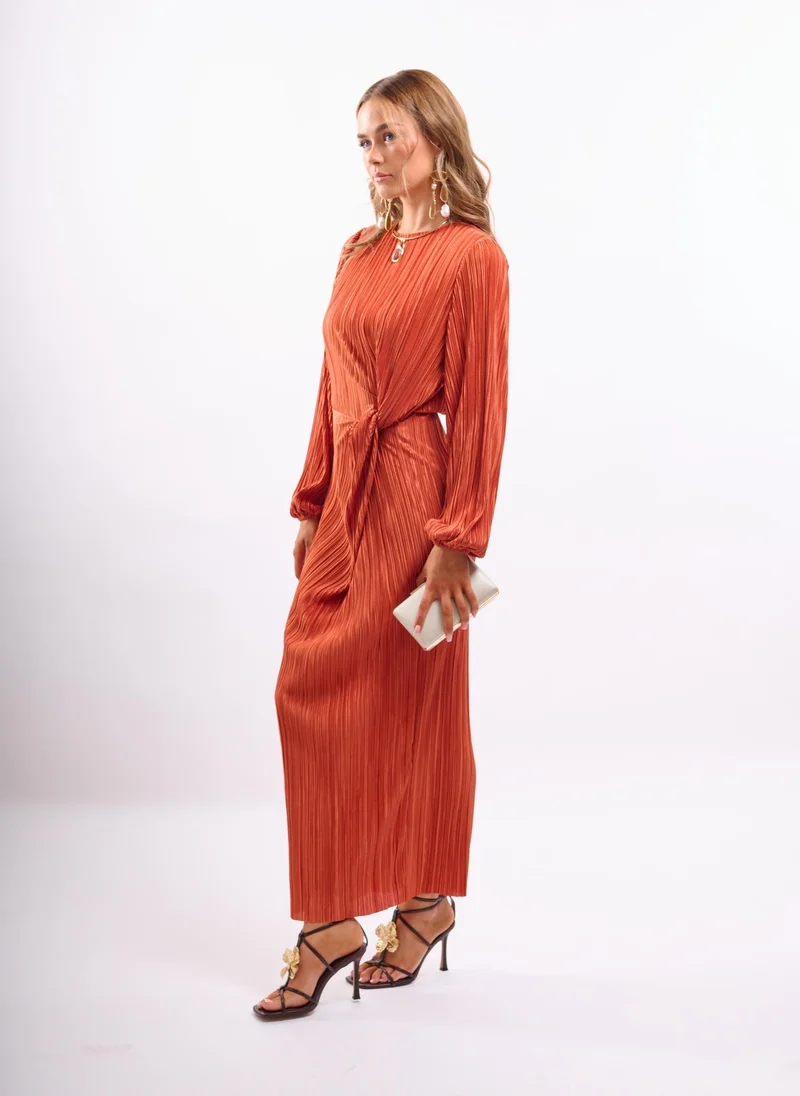 Faia burnt orange Rust Midi Dress with Twist in Plisse for Women | Best Price UAE