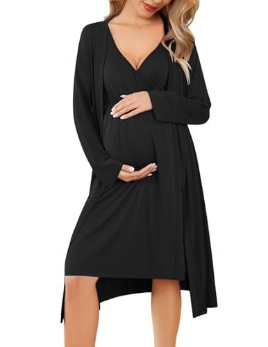 Ekouaer Maternity Robe for Hospital Labor and Delivery Gown Nursing Nightgowns Breastfeeding Gown and Robe Set Tank Nursing Dress Black M - Image 1