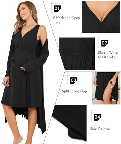 Ekouaer Maternity Robe for Hospital Labor and Delivery Gown Nursing Nightgowns Breastfeeding Gown and Robe Set Tank Nursing Dress Black M - Image 2