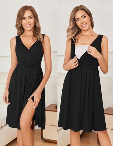 Ekouaer Maternity Robe for Hospital Labor and Delivery Gown Nursing Nightgowns Breastfeeding Gown and Robe Set Tank Nursing Dress Black M - Image 3