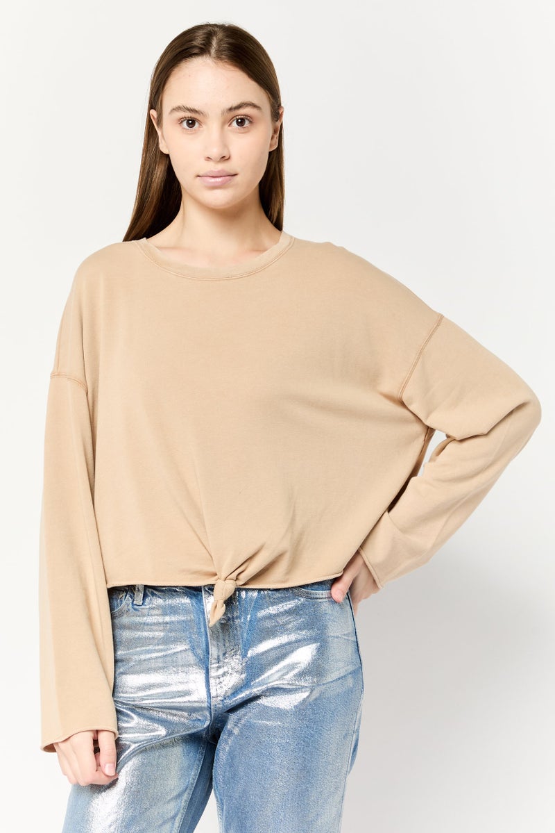 Aerie Women Crew Neck Long Sleeves Plain Tops, Tan - Image 1