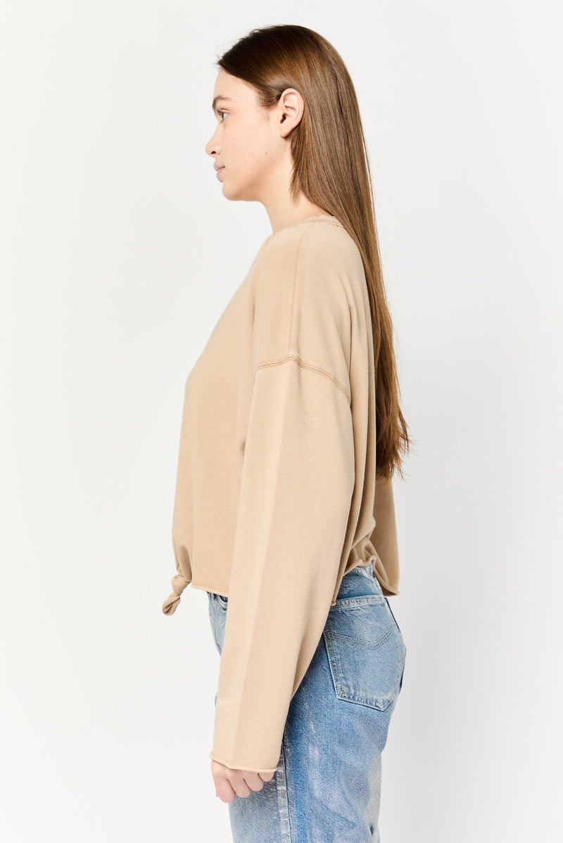 Aerie Women Crew Neck Long Sleeves Plain Tops, Tan - Image 2