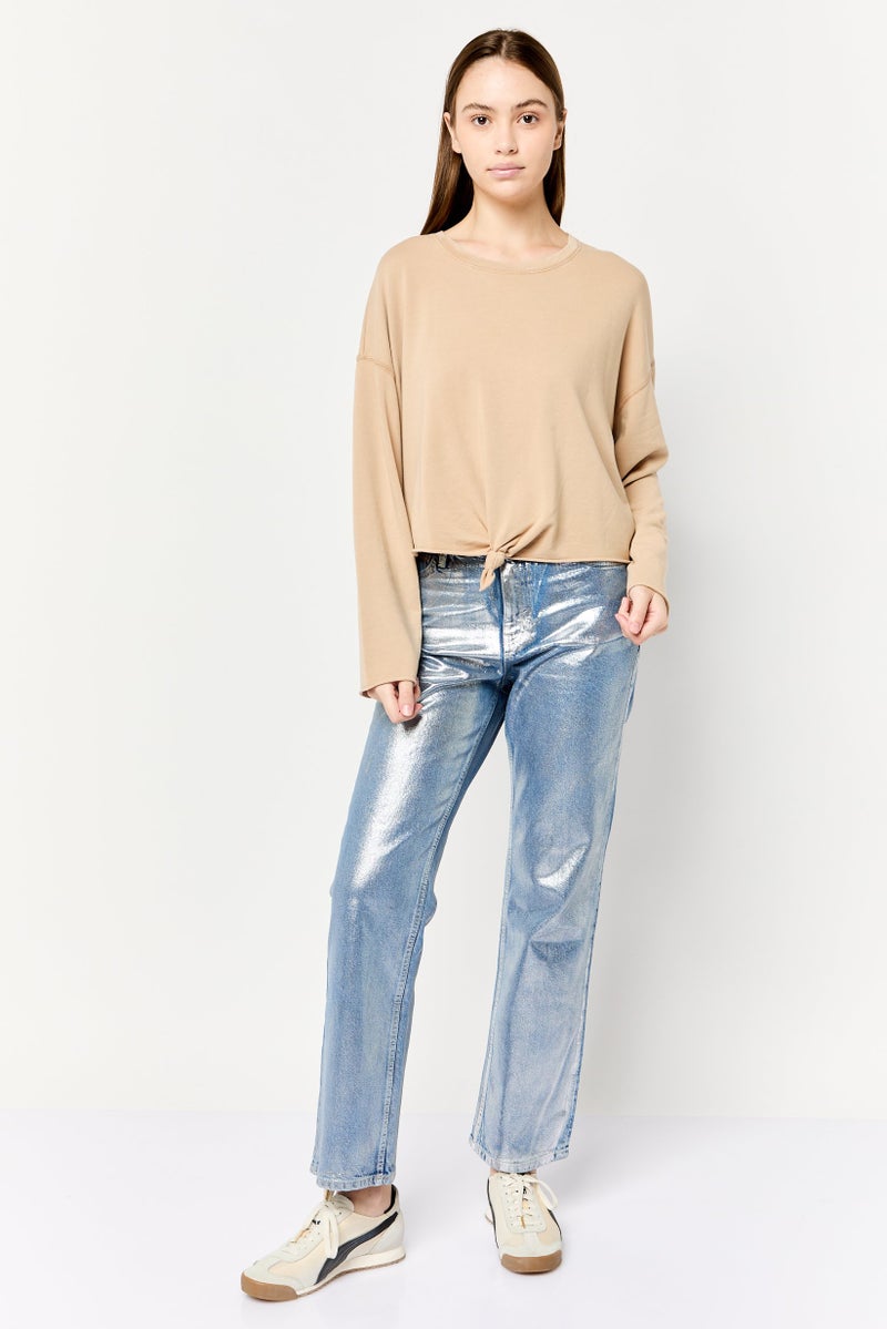 Aerie Women Crew Neck Long Sleeves Plain Tops, Tan - Image 3