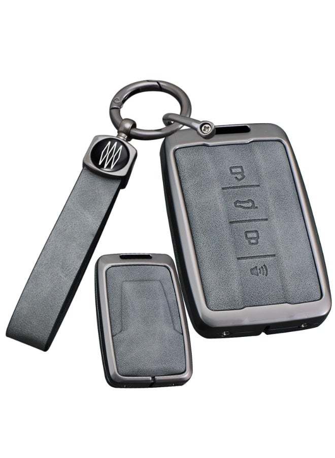 NOSKIN Gray Metal Leather 4 Buttons Key Fob Shells,Compatible with Great Wall Tank300 Tank500 GWM WEY,For Haval Keyless Key Covers With Keychain. (B) - Image 1