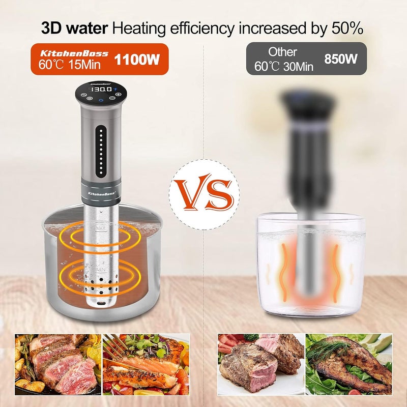 KitchenBoss آلة طهي السوس فيد | 1100 واط IPX7 مقاومة للماء سوس فيد G310/فضي | آلة طهي بالماء، آلة سوس فيد | تحكم دقيق في درجة الحرارة شاشة رقمية | دائرة حرارية غاطسة - Image 5