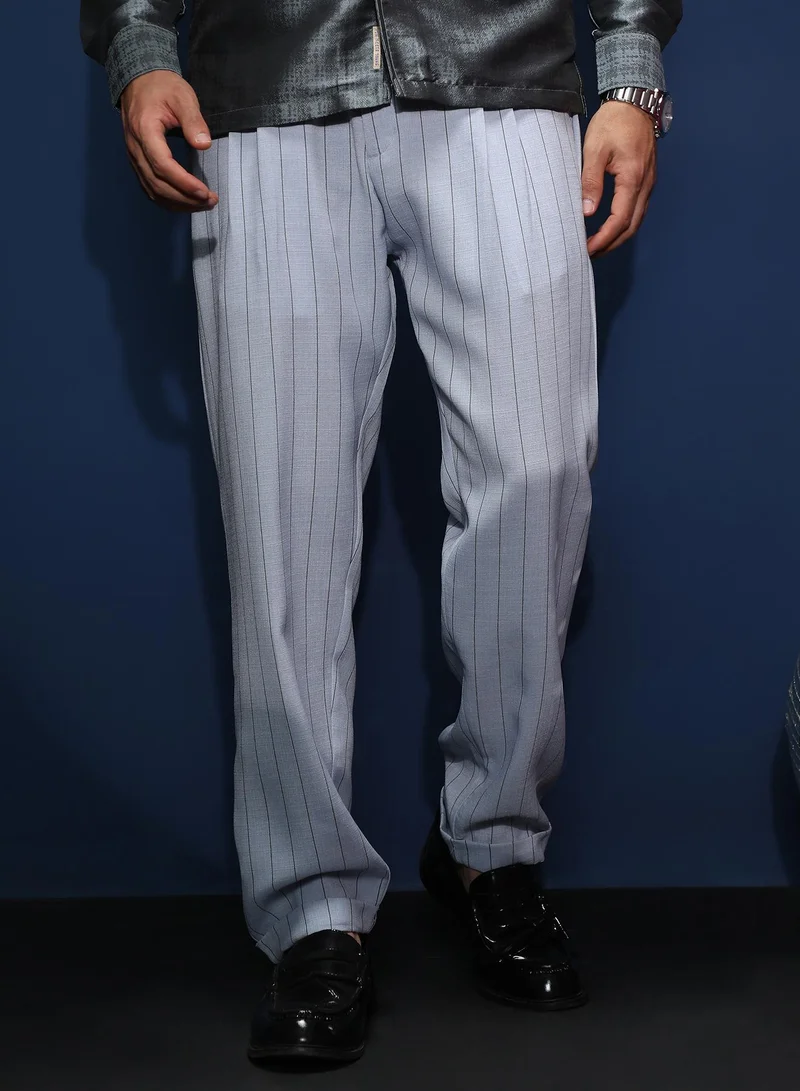 Campus Sutra Men's Icy Blue Pinstripe-Pleated Chino Trousers For Casual Wear | Mid-Rise | Regular Fit | Hook & Zip Closure | Trousers Shirt Crafted With Comfort Fit For Everyday Wear
