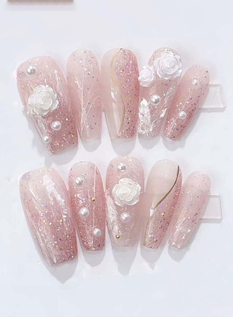 10 PCS Handmade False Nails, Pink White Camellia Pearl Glitter, Mid-length Press On Nails - Image 1